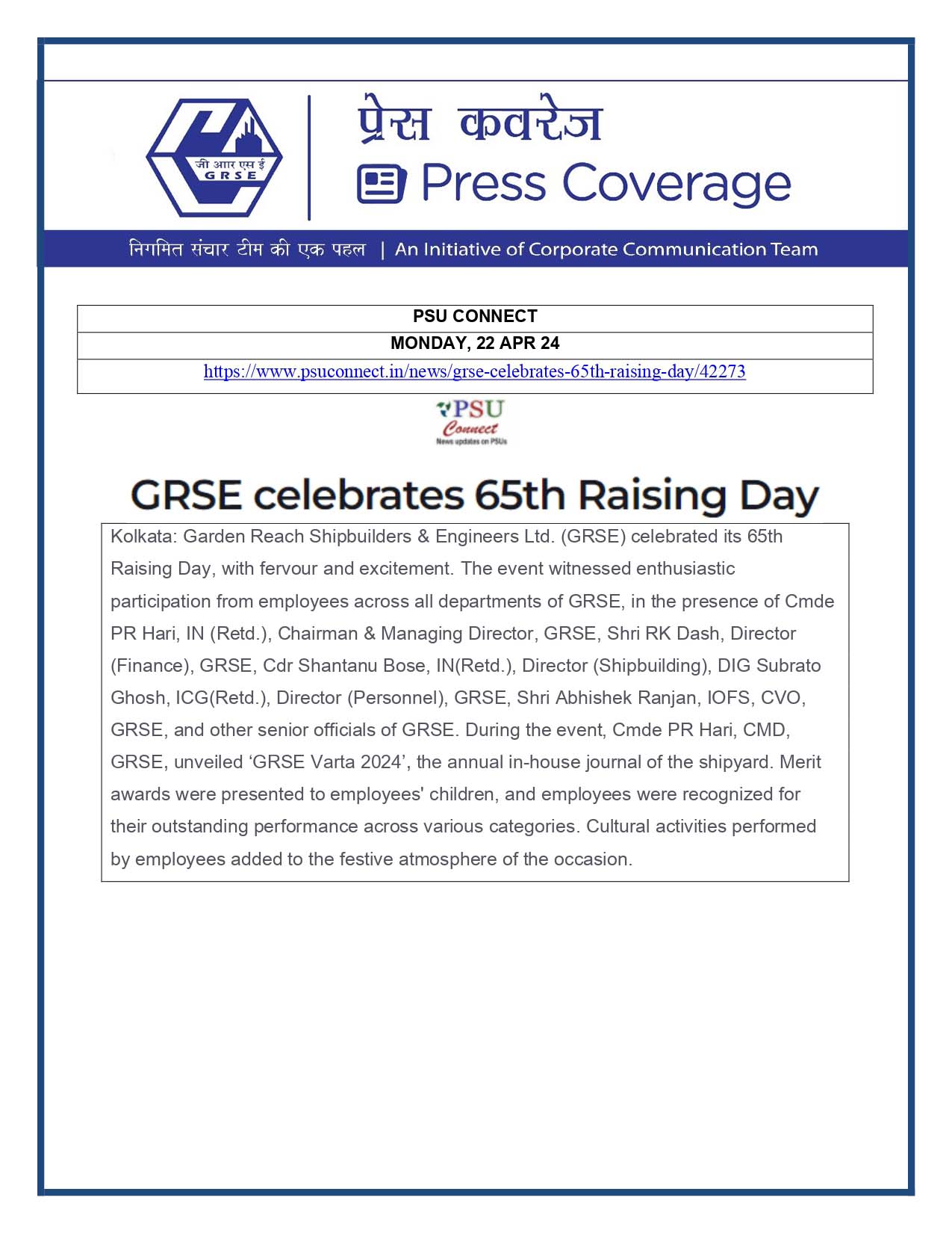 Press Coverage : PSU Connect, 22 Apr 24 : GRSE Celebrates 65th Raising Day